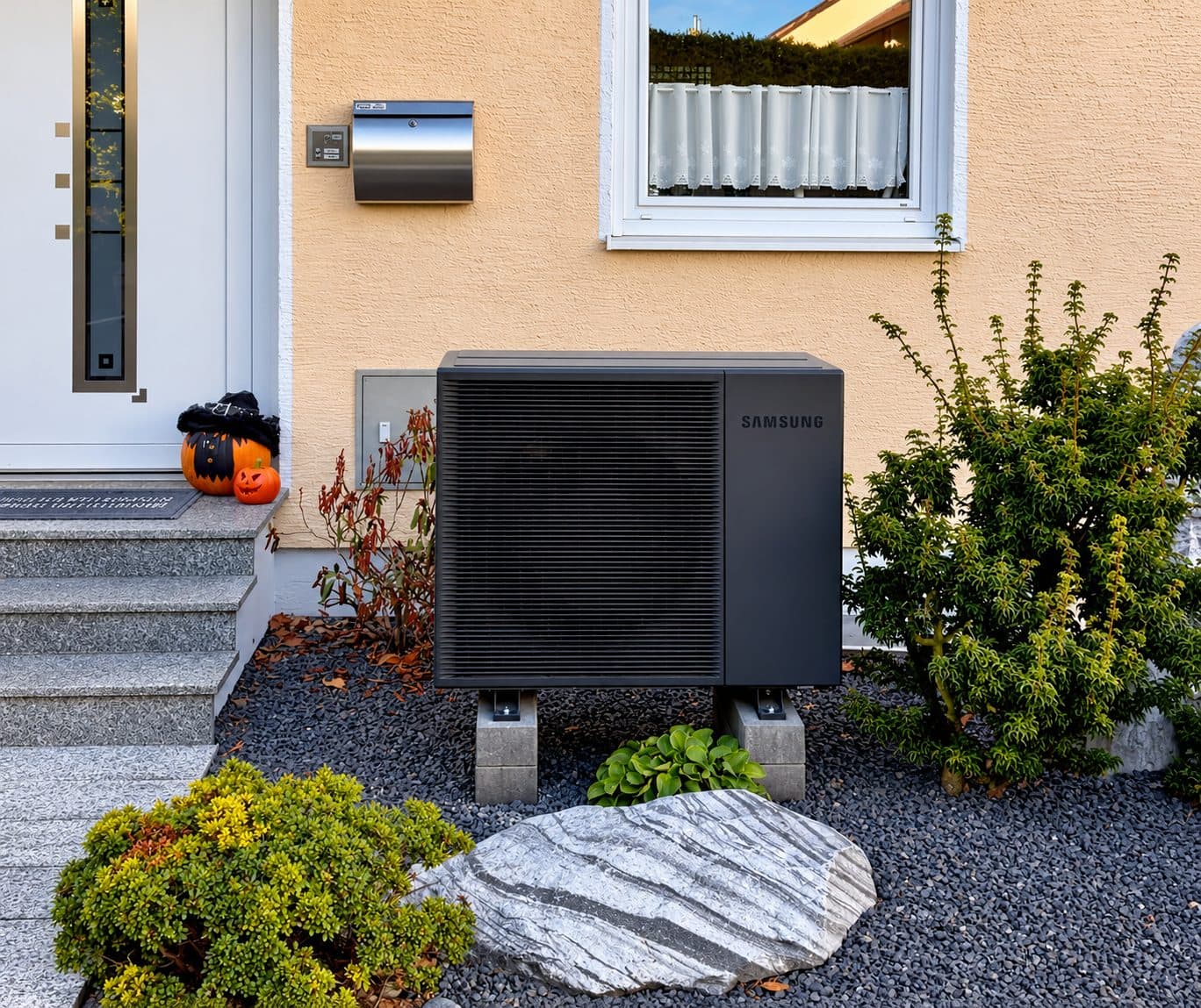 Samsung Mono HT R290 Außeneinheit mit 8 kW vor einem Reihenmittelhaus in Augsburg-Haunstetten